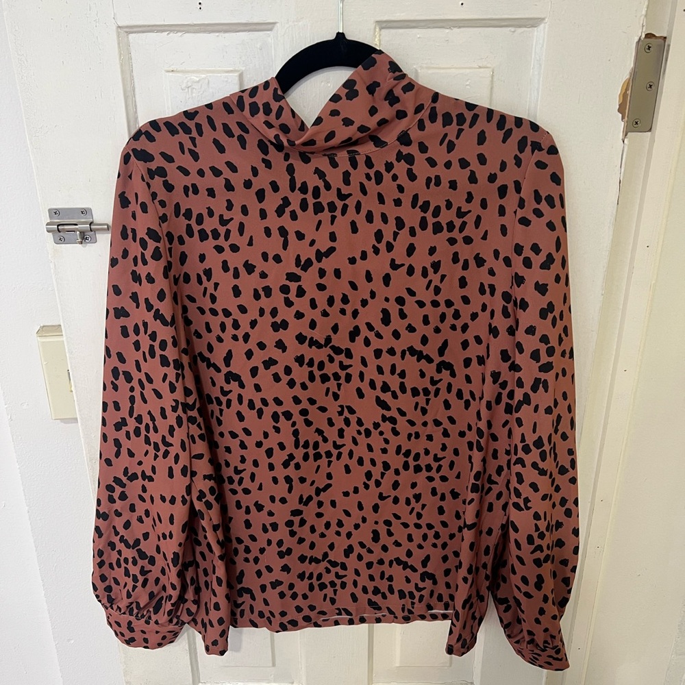 Burnt orange and black polka dot mock turtleneck blouse!